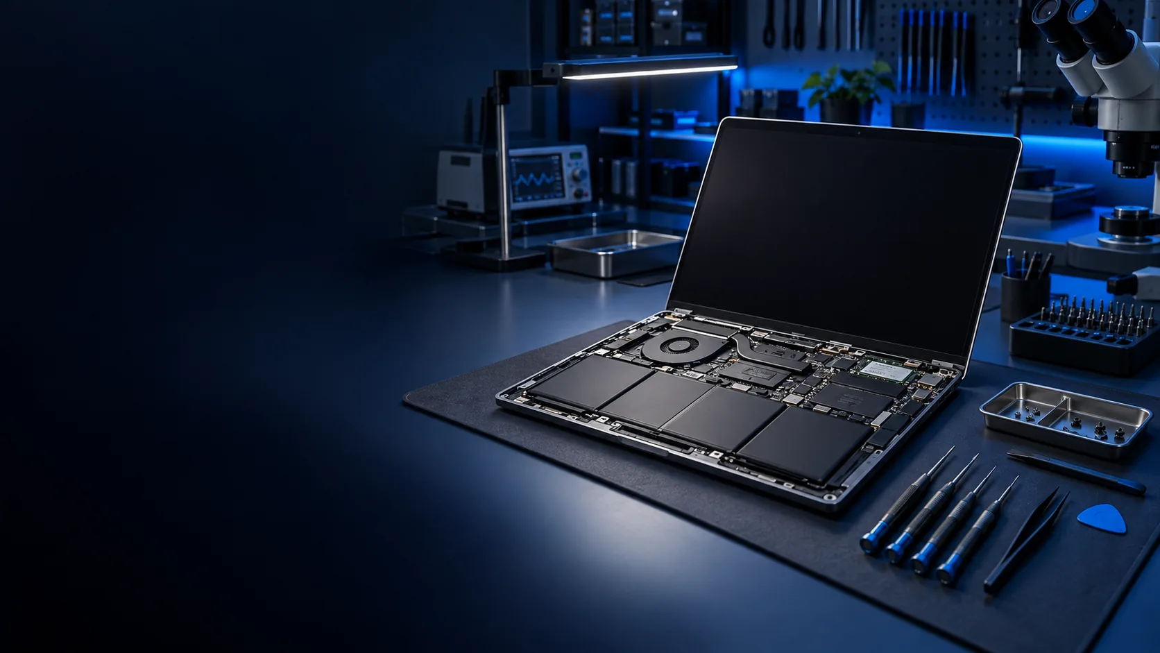 Componentes internos de notebook em bancada de reparo